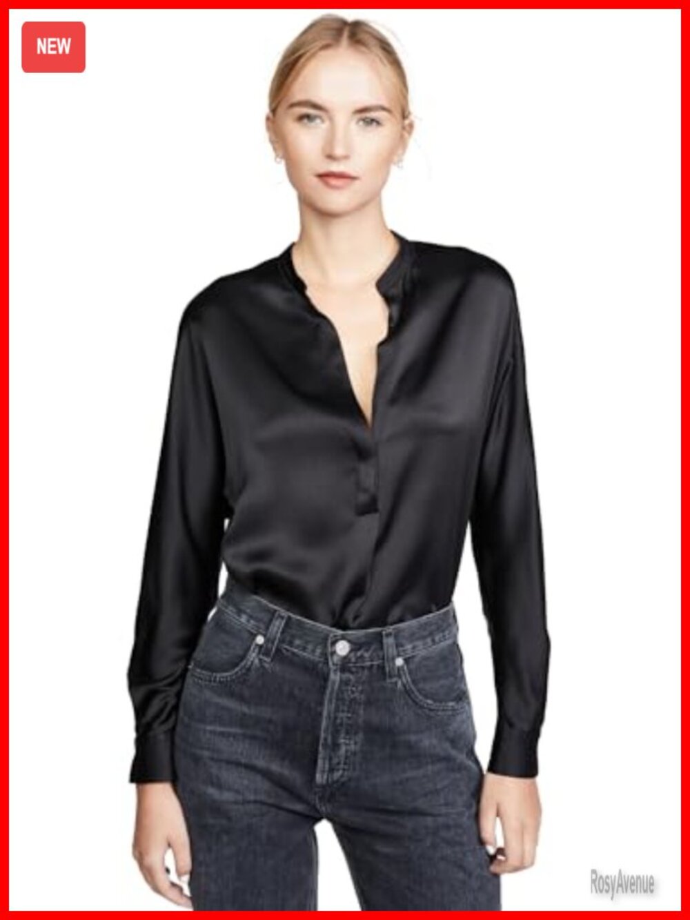 Vince Satin Popover Blouse Band Collar Split Neck Long Sleeve